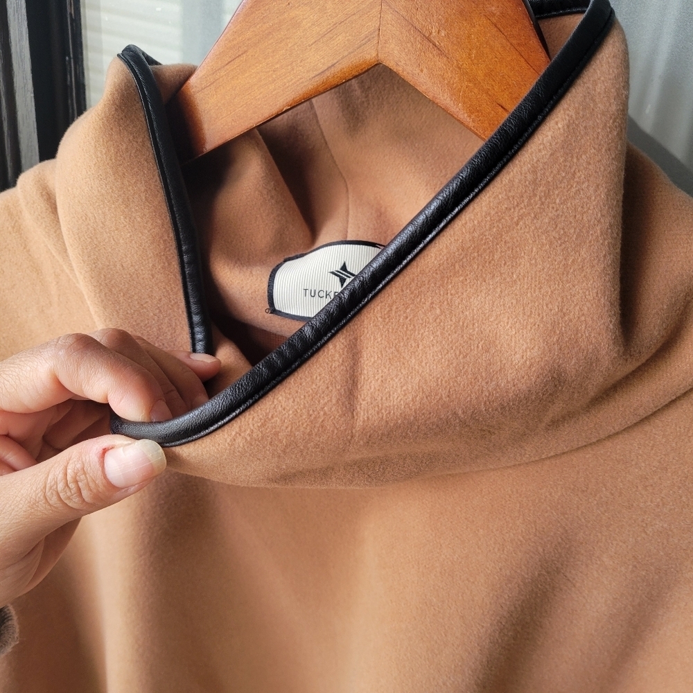 Tuckernuck Piper Poncho Camel color One Size Faux Leather Trim Funnel Neck - Picture 9 of 10